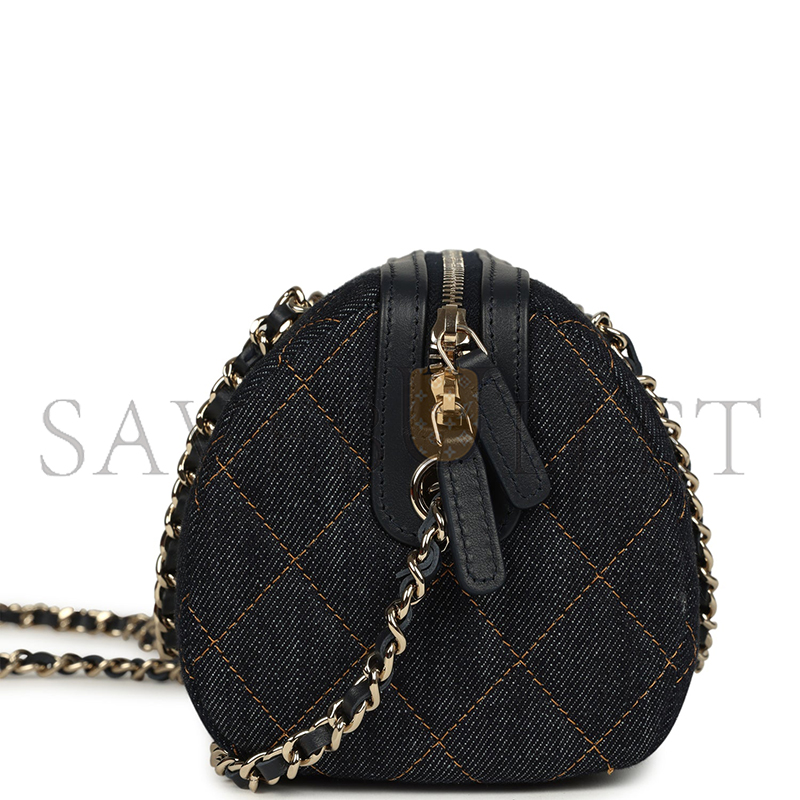 CHANEL MINI TIMELESS CLASSIC BARREL BAG WITH CHAIN DARK BLUE DENIM LIGHT GOLD HARDWARE AP4474 (19*13*10cm)